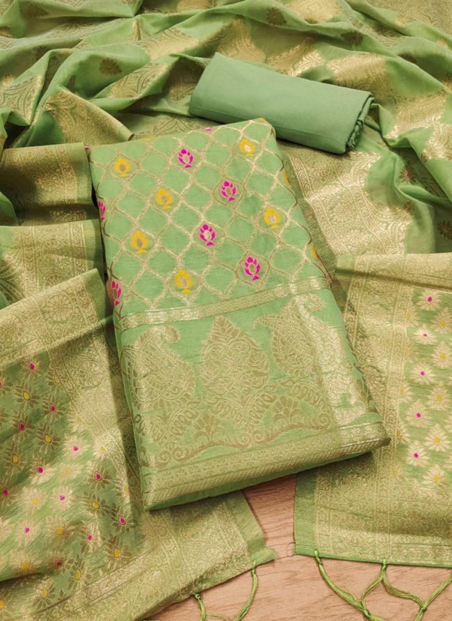 Chanderi Banarasi Pista Green Festival Wear Weaving Dress Material